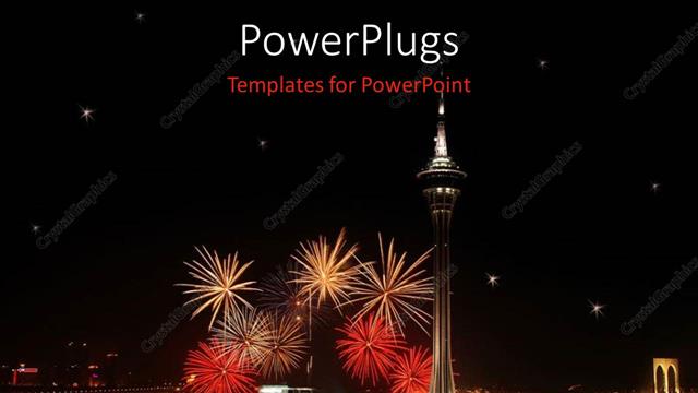 Presentation with celebrations - A depiction of celebrations with fireworks and lighting on the buildings