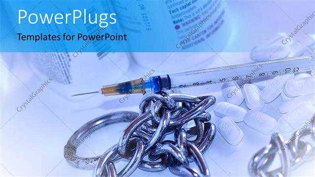  Presentation with drugs - Depiction of chains drugs and syringe on a white background