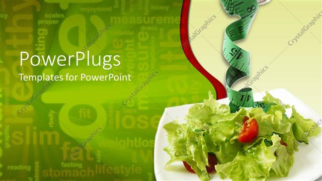  Presentation with diet - Depiction of diet with fork holding measuring tape over dish of vegetables?