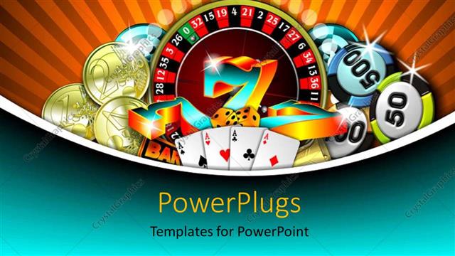  Presentation with gambling - Depiction of gambling with chips cards and gold coins on rolling table