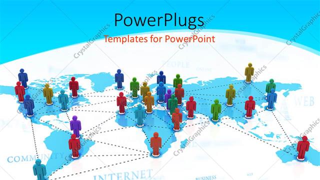  Presentation with connected world - Depiction of global networking with colored people standing on world map connected