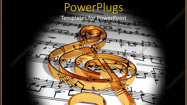  Presentation with music - Depiction of golden music symbol on music sheet in circular shape surrounded by black background