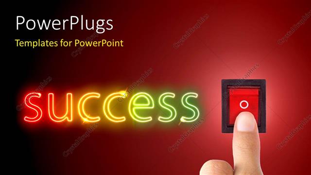  Presentation with symbol - Depiction of hand turning on the SUCCESS key with colorful text SUCCESS