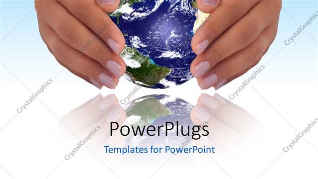  Presentation with world globe earth - Depiction of human hands protecting blue earth globe?