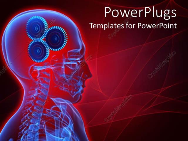  Presentation with brain - Depiction of a human skeletal system with gears for brains
