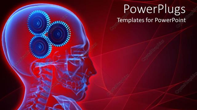  Presentation with gears - Depiction of a human skeletal system with gears for brains