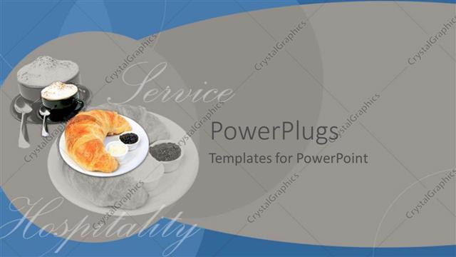  Presentation with hospitality - Depiction of kitchen utensils with food and an hospitality service text