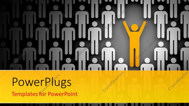  Presentation with crowd - Depiction of leadership with yellow man with raised hands in crowd