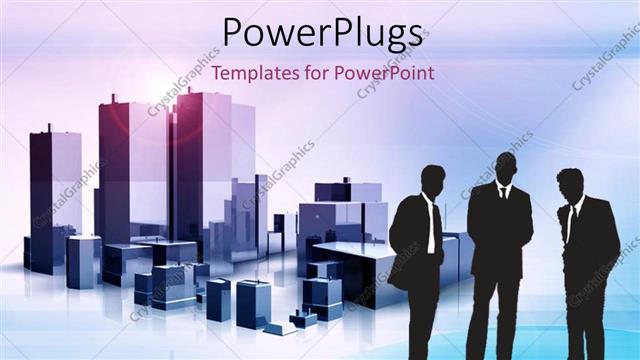  Presentation with corporate - Depiction of mega structures with three men over blue background?