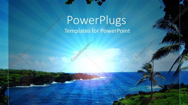  Presentation with water sun - Depiction of sea water and beautiful island with palm trees and clear sky with focus on sun rays