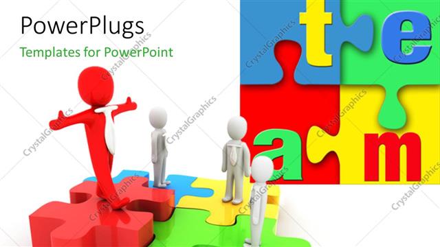  Presentation with teamwork - Depiction of teamwork with team standing on colorful jigsaw puzzle