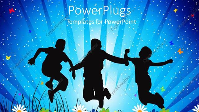  Presentation with joy - Depiction of three young happy people jumping joyfully over flowers
