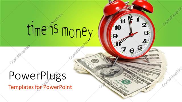 Presentation with time money - Depiction of time value with clock on dollar bills over white?surface?