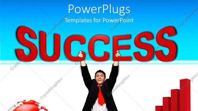  Presentation with red globe - Depiction of a uman kneling beside a red globe holding a success text