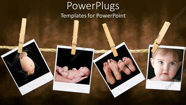  Presentation with feet - Depictions of pregnant woman belly, newborn held on hands, family feet and infant face held by wooden clothespins on a rope on a vintage background