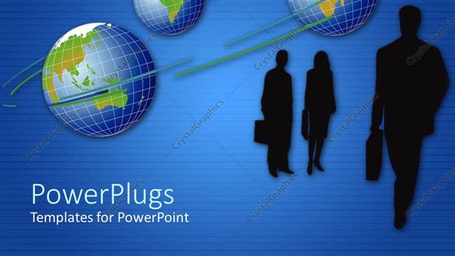  Presentation with corporate - Depictions of three corporate individuals with briefcases on a blue background