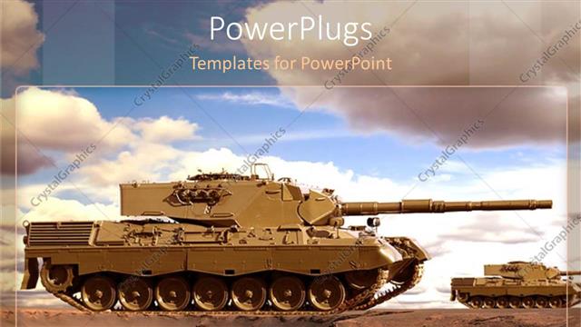  Presentation with defense - Desert armored tanks advance for war with cloudy sky
