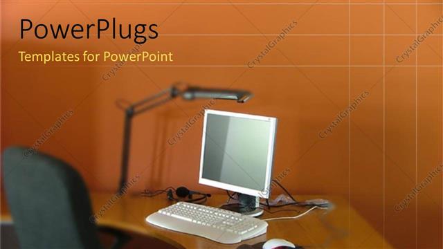  Presentation with office chair - Desktop computer on an office desk with a chair and lamp