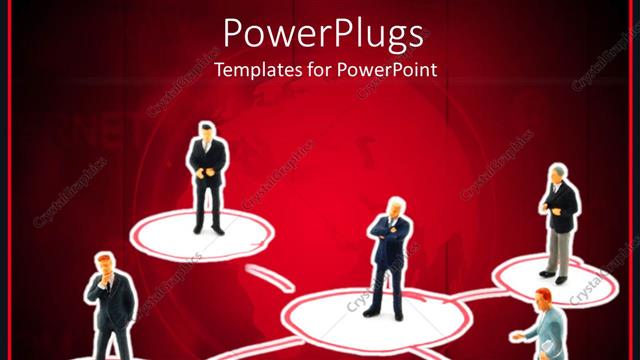  Presentation with business networking - Diagram with business people standing on the linked circles on red background