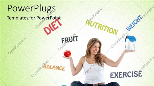  Presentation with food red - Dieting lady sitting with legs crossed holds red apple in hand