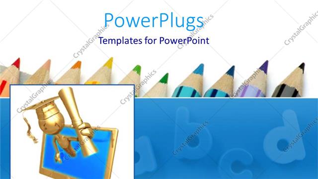  Presentation with pencils - Different colored pencils with graduate coming out of computer monitor