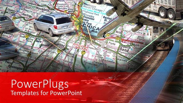  Presentation with transportation - Different means of transport under US flag, on top of map