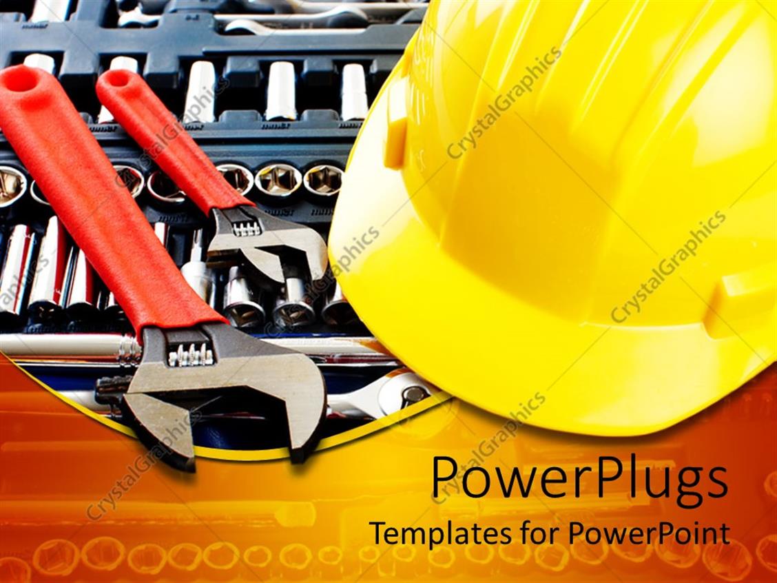 PowerPoint Template: Different mechanical tools and a yellow large ...