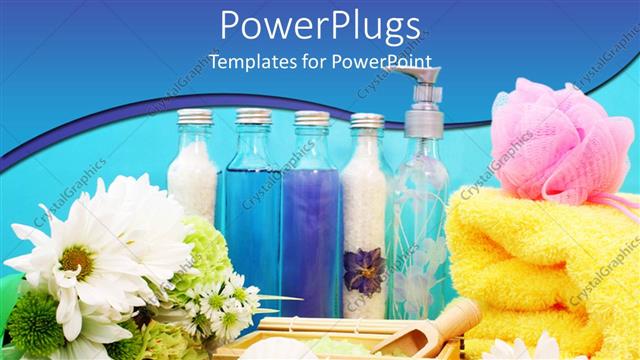  Presentation with blue spa - Different spa essentials neatly arranged on a blue background