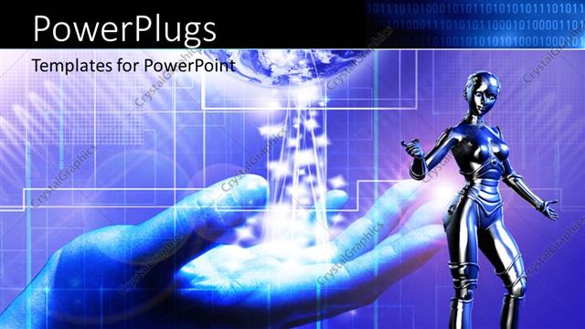  Presentation with tech - Digital depiction with globe in human hand and chrome humanoid?