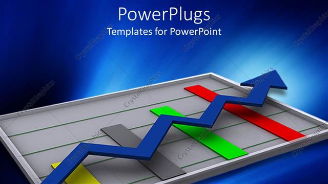  Presentation with colored - Digital depiction of graphic chart with colored bars and blue arrow