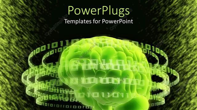  Presentation with binary - Digital depiction of green brain gravitated by binary rings
