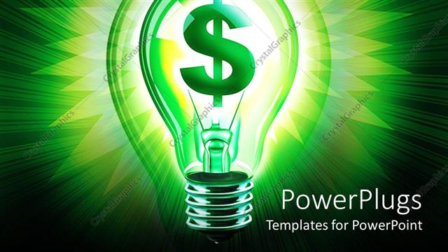  Presentation with light sign - Digital depiction of green glowing light bulb with green dollar sign inside bulb