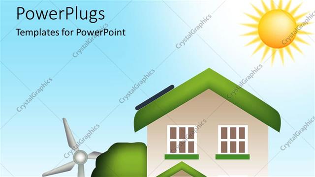  Presentation with sun life - Digital design of a house with tree, green car, windmill and recycling bin and bag with glowing sun on bright sky representing eco friendly lifestyle house, living ecologically, green life