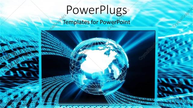  Presentation with computers - Digital representation of 3D glowing semi transparent globe and flowing binary codes