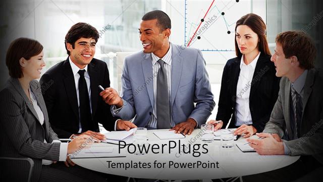  Presentation with budget - Diversity theme with business people sitting at conference table with budget graph background