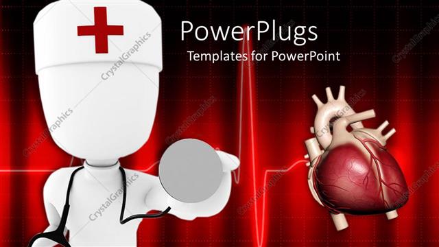  Presentation with tests - Doctor holding stethoscope tests for heart rhythm on red background