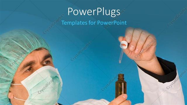  Presentation with nose - Doctor with nose mask and stethoscope around neck holds medicine in hand