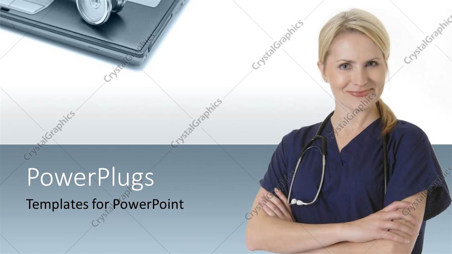 Featuring Doctor with Stethoscope Around Neck with Stethoscope Sitting on Laptop 