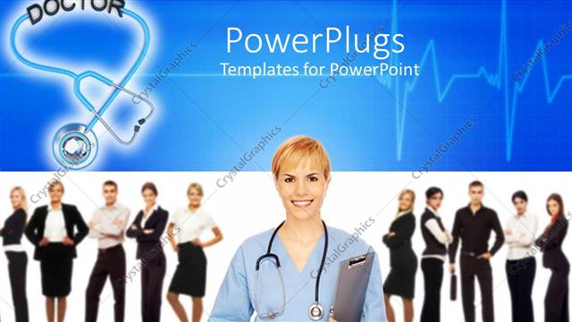  Presentation with medical business - Doctor with stethoscope and clip board, business people in background, health care management, hospital administration, medical IT