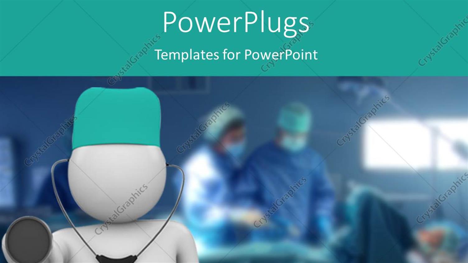 Featuring Doctor with Stethoscope in Foreground and Doctors Operating