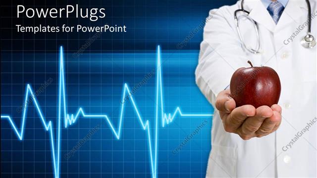 Presentation with heartbeat - Doctor with stethoscope offering hand with apple and heartbeat line on blue squared background