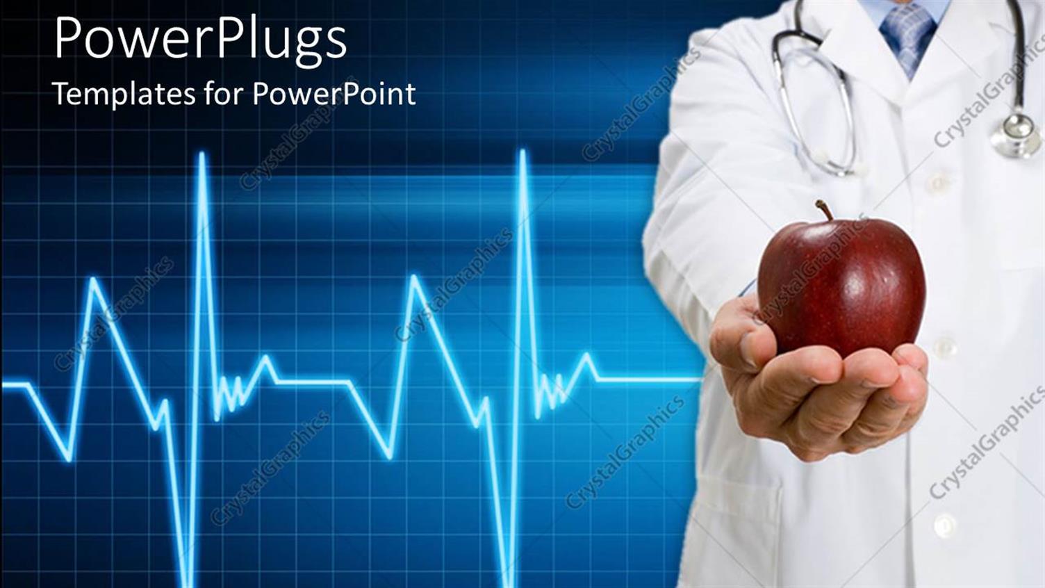 Featuring Doctor with Stethoscope Offering Hand with Apple and Heartbeat Line on Blue Squared Background