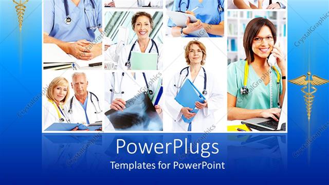  Presentation with collage - Doctors collage with smiling doctors wearing stethoscopes while on duty