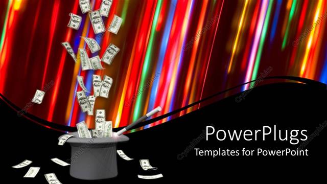  Presentation with magic wand - Dollar bills dropping in magic hat on colored background