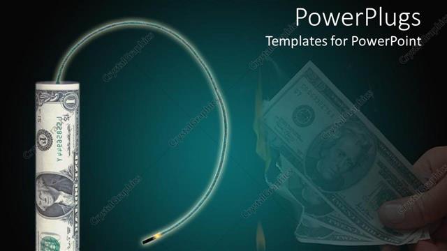  Presentation with buck - Dollar shaped like firecracker about to be lit on fire, bang for your buck metapor