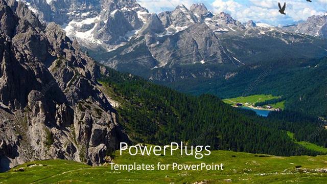  Presentation with soaring - Dolomite mountains with birds soaring high and green vegetation