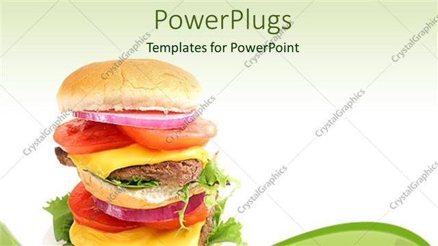  Presentation with meat food - Double cheeseburger with cheese slices, meat, onion slice, tomato slice and salad between burger slices on light green background