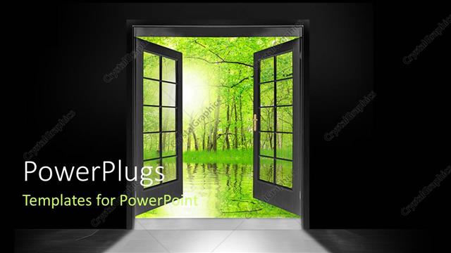  Presentation with reflection - Double glass doors opened to show green forest trees and water reflection