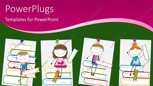  Presentation with school children - Drawings of smiling children sitting on books above colored pencils