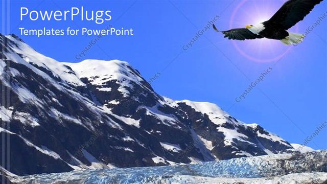  Presentation with snow - Eagle flying in blue clouds over hills covered with snow
